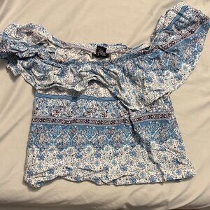 Rue21 Blue and White Patterned Off-Shoulder Blouse